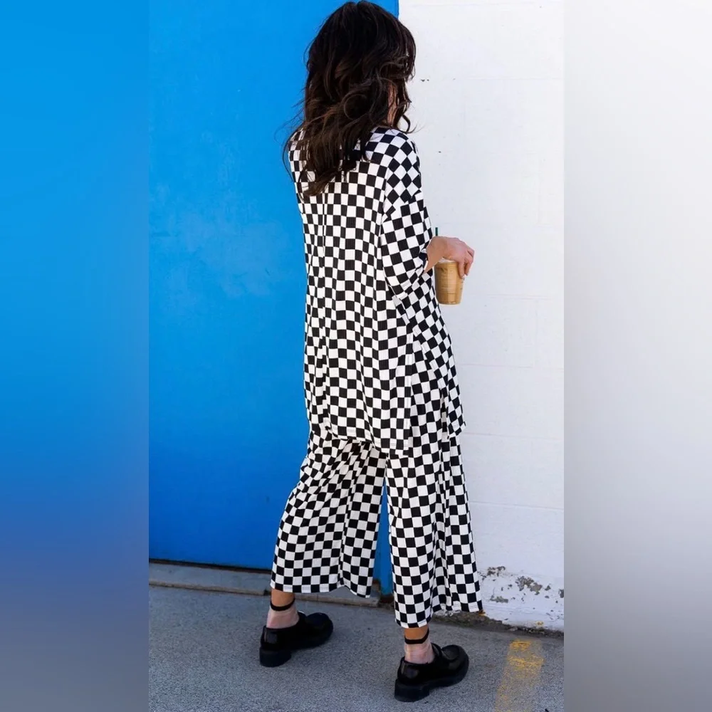 Dressed in LALA Black and White Checkerboard Wide Leg set - Picture 2 of 5